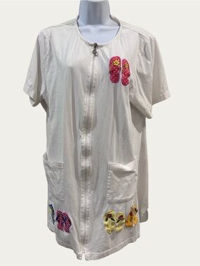 CZ Vintage White Zip-Up Coverup with Colorful Flip-Flop Patches Large